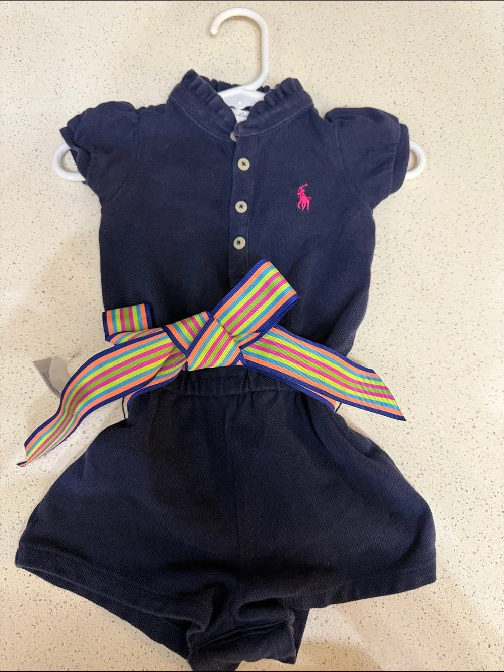 Ralph Lauren size 6M Navy Baby Polo Romper with Multicolor Stripe Bow